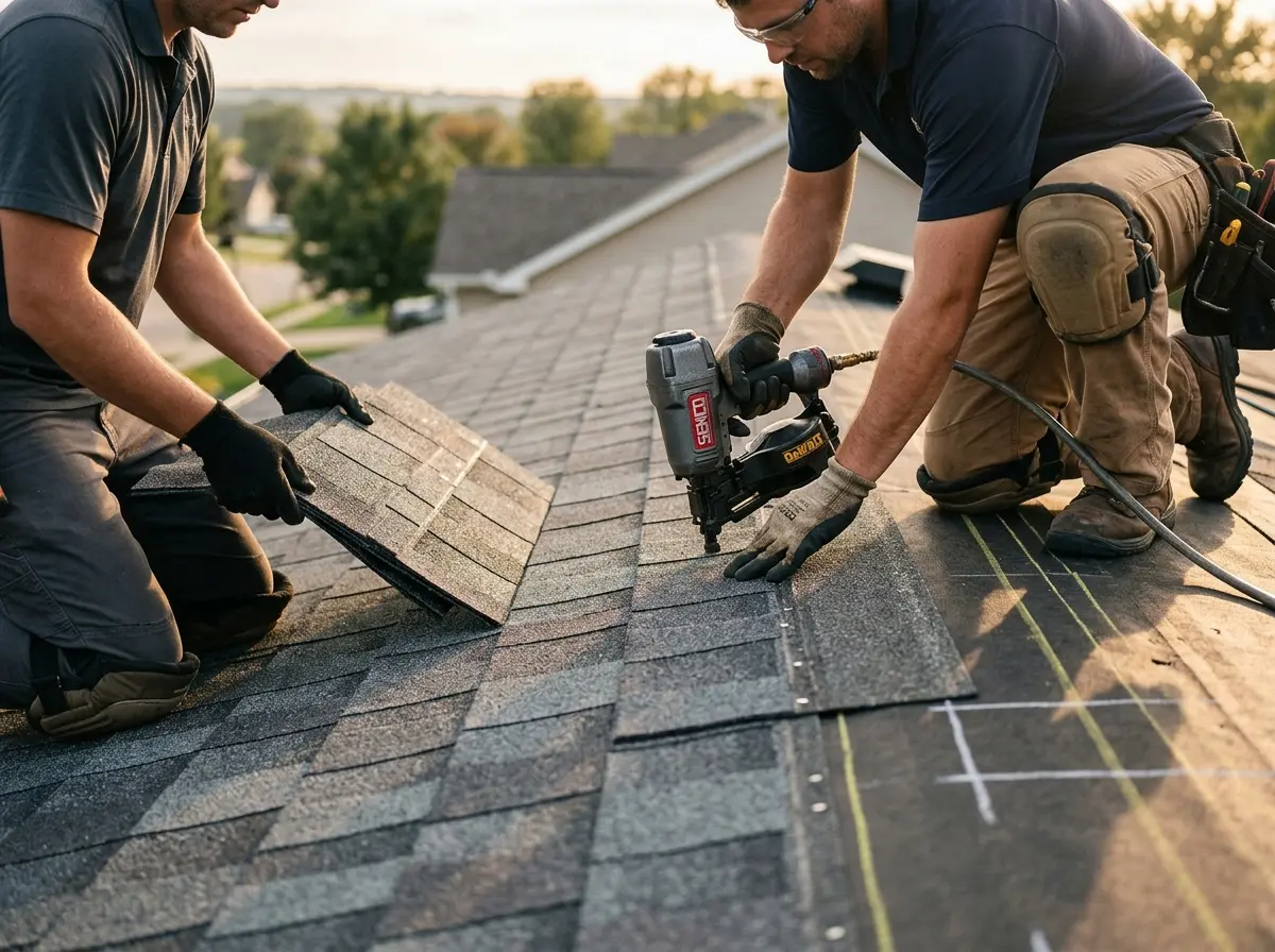 Professional roofer working on a residential roof in Olive